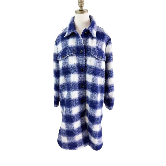 LOFT Blue and White Plaid Fuzzy Long Shacket Jacket Women's Size Large EUC - Picture 3 of 11